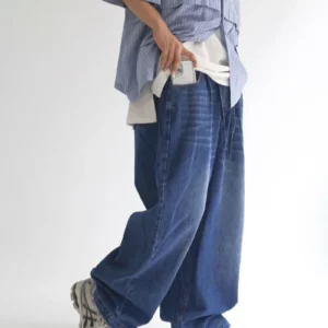 AU02 貳玖製造刷色鬆緊綁帶牛仔寬褲